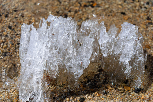 Intricate ice formation rests on sandy beach, showcasing a blend of textures and colors. The sunlight highlights the transparent edges, creating a stunning visual contrast with the sand