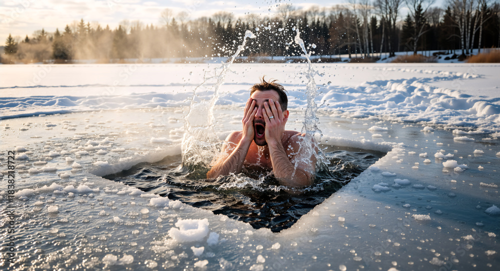 Fototapeta premium Man swimming in ice hole in frozen lake during winter. Cold water therapy and healthy lifestyle concept. Male person splashing and shouting in freezing water