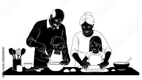 Grandparents and Grandchildren Cooking Together Silhouette Line Art in Kitchen