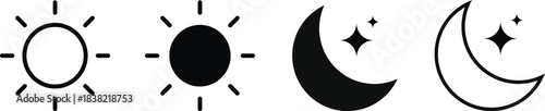 Sun and moon icons set. Weather forecast icons. Screen brightness and contrast level signs. Day and Night icon symbol
