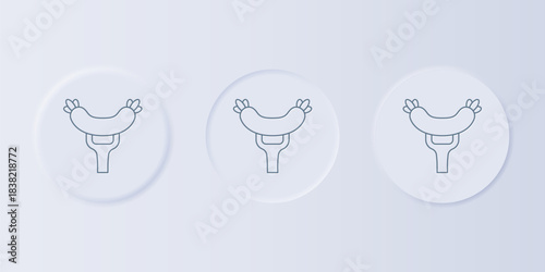 Grey Sausage on the fork icon isolated on grey background. Grilled sausage and aroma sign. Set icons in square buttons. Vector