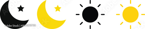 Sun and moon icons set. Weather forecast icons. Screen brightness and contrast level signs. Day and Night icon symbol
