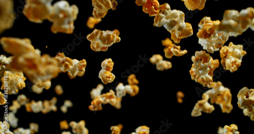Dynamic macro shot of flying popcorn pieces against a black background. Crisp detail and motion captured in a dramatic, high-contrast composition. Perfect for advertising or creative design.