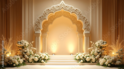 Arabesque Gold Islamic Wedding Stage | Luxurious Nikah Arch Decor