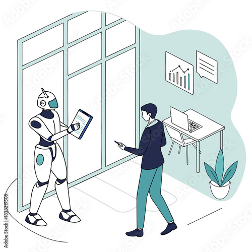 Person walking with humanoid robot while using digital tablet
