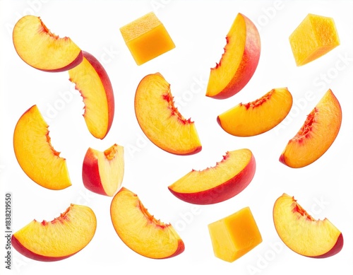 Vibrant image of sliced peaches and mango cubes isolated on white, perfect for healthy eating and summer fruit themes.