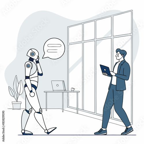 Human interacting with humanoid robot in modern office environment
