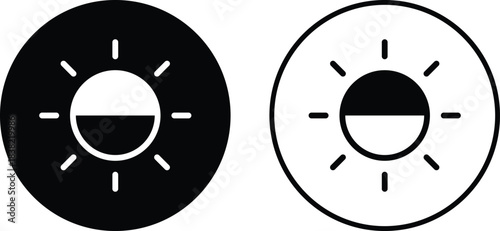 Sun and moon icons set.  Day darkness icons. Day and Night icon symbol. Rising and setting sun. Screen brightness and contrast level signs
