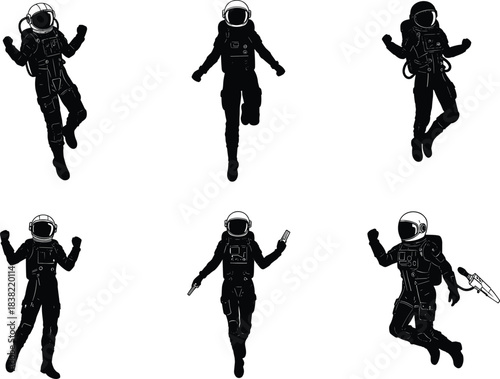 Astronaut silhouettes in spacesuits, space exploration illustration set, zero gravity motion artwork, science and technology design, cosmic adventure concept