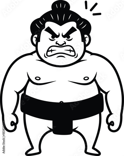 Angry cartoon sumo wrestler illustration showing traditional pose, strong Japanese fighter character perfect for martial arts, sports design and cultural artwork