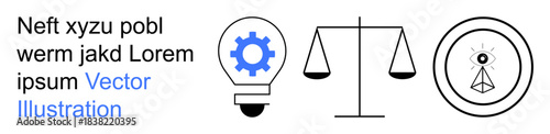 Technology, legal systems, justice, innovation, analytics, vision. Light bulb with gear, scales of justice eye symbol. Innovation and legal systems concept for creativity and justice