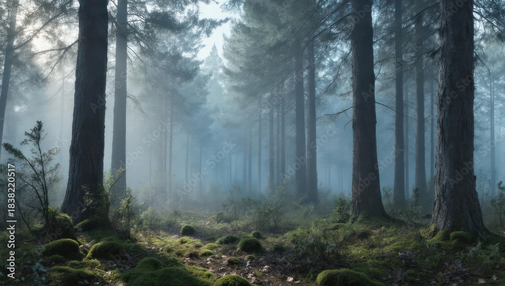 Fototapeta premium Misty Forest Landscape with Sunlight and Tall Trees.