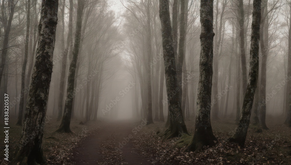 Naklejka premium Misty Forest Path with Tall Trees and Ethereal Fog.