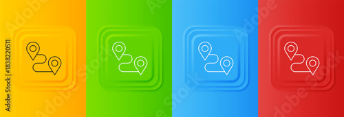 White Route location icon isolated on colorful background. Map pointer sign. Concept of path or road. GPS navigator. Set icons in square buttons. Vector