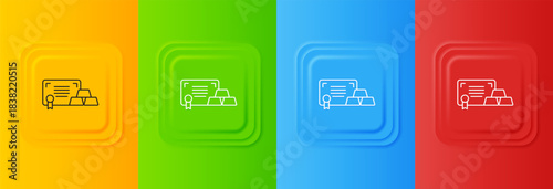 White Gold bars with certificate icon isolated on colorful background. Banking business concept. Set icons in square buttons. Vector