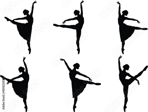 Ballerina silhouettes in ballet poses, classical dance illustration set, graceful motion artwork, performance art design, elegance and flexibility concept
