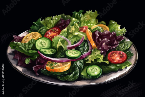 Fresh Vegetable Salad with Lettuce, Cucumber, Tomato and Carrot on Plate, Black Isolated Background, Vector Illustration