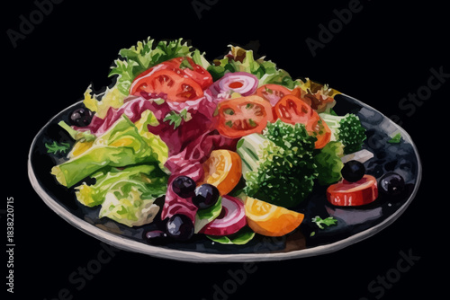 Fresh Vegetable Salad with Lettuce, Cucumber, Tomato and Carrot on Plate, Black Isolated Background, Vector Illustration