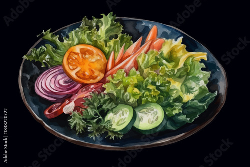 Fresh Vegetable Salad with Lettuce, Cucumber, Tomato and Carrot on Plate, Black Isolated Background, Vector Illustration