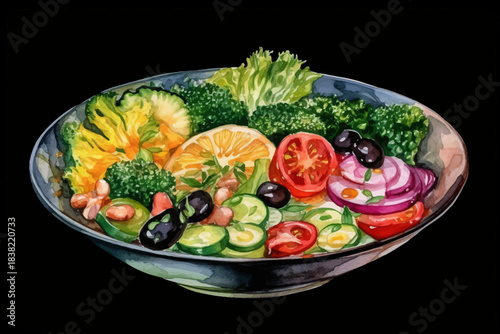 Fresh Vegetable Salad with Lettuce, Cucumber, Tomato and Carrot on Plate, Black Isolated Background, Vector Illustration