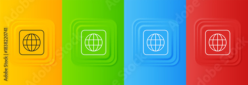 White Worldwide icon isolated on colorful background. Pin on globe. Set icons in square buttons. Vector