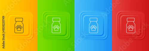 White Medicine bottle and pills icon isolated on colorful background. Container with pills. Prescription medicine for animal. Set icons in square buttons. Vector