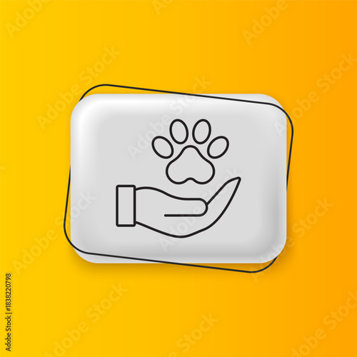 Black Hands with animals footprint icon isolated on yellow background. Pet paw in heart. Love to the animals. Silver rectangle button. Vector