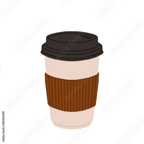 Takeaway paper coffee cups. Takeout hot drinks to go in paper mugs with lids and sleeves, zarf. Take-away tea and coffee on holder. Flat vector illustration isolated on white background