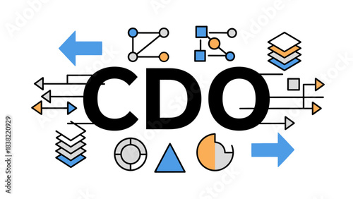 A bold visual and conceptual vector illustration featuring a large acronym CDO (Chief Data Officer) surrounded by data, network and stack layer symbols.