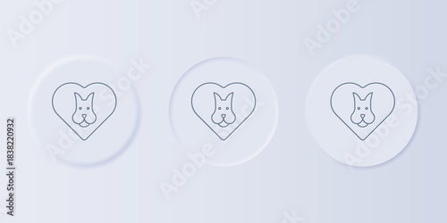 Grey Heart with dog icon isolated on grey background. Pet paw in heart. Love to the animals. Set icons in square buttons. Vector