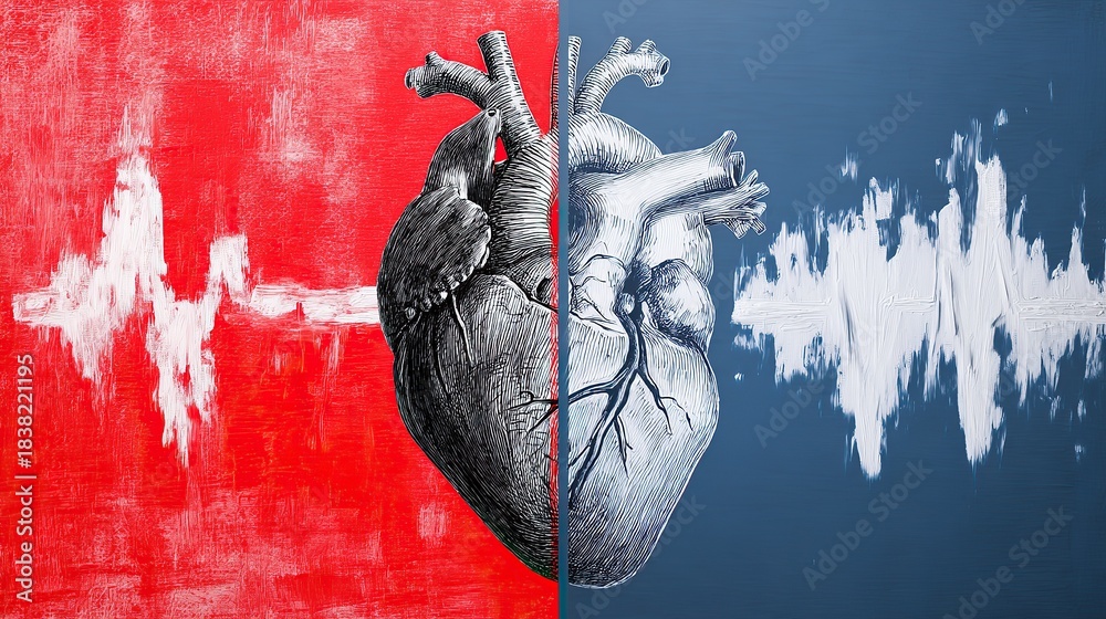 Fototapeta premium Heart art with dualistic contrast, half warm red, half cool blue, with waveform overlays