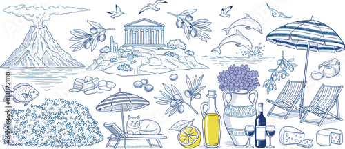 Charming vintage sketch collection captures the essence of Mediterranean travel featuring ancient ruins, volcanic islands, relaxing beach scenes, and local culinary delights