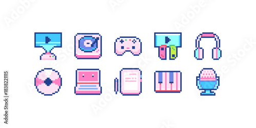 Pixel Art Entertainment, Gaming and Music Devices Pack. 8bit Consoles, Controllers, Headphones, Laptops and Streaming Studio Icons.