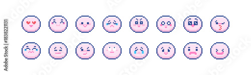 Pixel Art Emoji Faces Set. Kawaii 8bit Round Expressions Icons for Chats, Streams and Social Media Reactions. Pixel Faces - smile, sad, happy, angry, Crying, Laugh, Wink, Blush. Kawaii Cute Emoji