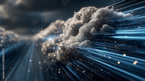 Digital Cloudscape Illuminated by Glowing Data Particles and Horizontal Blue Light Streams, Virtual Connectivity and Conceptual Flow of Internet Signals in Futuristic Network Technology Environment
