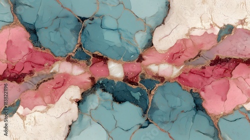 Abstract Marbled Fluid Artwork Featuring Teal, Pink, White, and Burgundy Patches with Gold Veins. Natural Texture, Artistic Depth, and Conceptual Fusion of Organic Pattern and Decorative Design