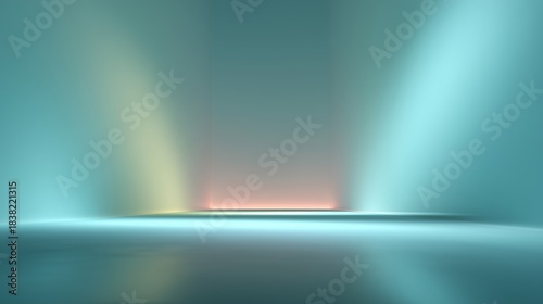 Symmetrical Abstract Interior Space with Gradient Teal, Yellow, and Pink Lighting Reflected on Smooth Surfaces Symbolizing Calm Spatial Depth and Conceptual Modernity in Minimalist Digital Environment