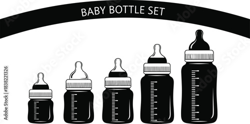 Baby bottle set silhouette collection with different sizes and measurement markings, infant feeding container illustration for newborn care, parenting, and childcare designs