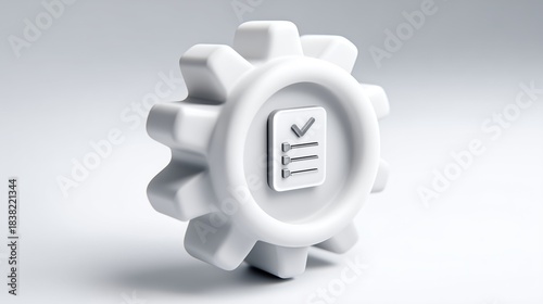 White Gear with Embedded Checklist Icon Featuring Task Boxes and Checkmark. Operational Logic, Systematic Execution, and Conceptual Productivity in Digital Project Management Environment