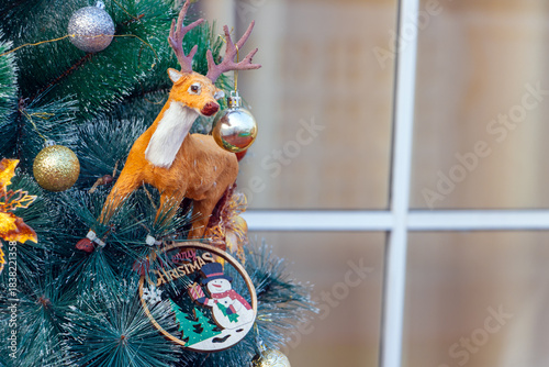 Decorations on a Christmas tree in the garden