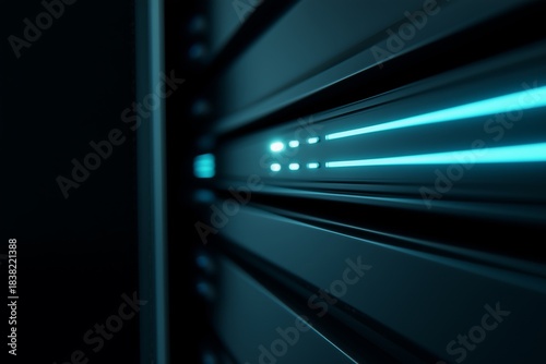 Angled View of Blue-Lit Data Server Rack with Glowing Horizontal Strips Symbolizing Active Digital Infrastructure, High-Speed Connectivity, and Enterprise-Level Processing in Modern Network Technology