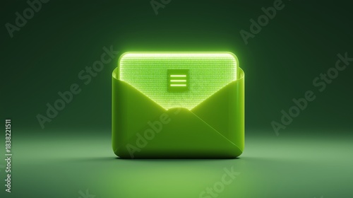 Glowing Green Envelope with Digital Binary Card Emerging from Inside. Electronic Messaging, Data Communication, and Conceptual Interface of Secure Information Transfer in Futuristic Network
