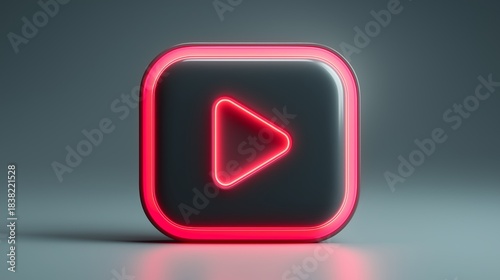 Neon Red Play Button Icon with Rounded Square Frame Against Dark Teal Background. Digital Media Activation, Streaming Logic, and Conceptual Interface of Video Playback in Modern Technology 