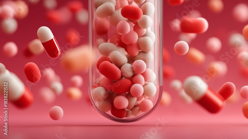 Transparent Capsule Filled with Red and Pink Micro Particles Floating in Gradient Background. Pharmaceutical Complexity, Drug Delivery Systems, and Conceptual Visualization of Biomedical Components