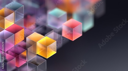 Semi-Transparent Colorful Glass Cubes Arranged in Abstract Pattern Against Dark Background. Modular Systems, Data Architecture, and Conceptual Visualization of Digital Structure in Modern Technology
