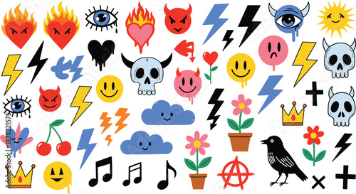 Vibrant collection of retro Y2K inspired doodle icons featuring devils flames emojis skulls and trendy abstract elements for digital design projects