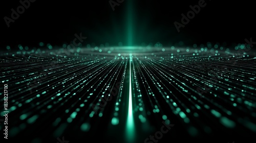 Glowing Green Data Lines and Particles Converging Toward Vanishing Point. Digital Transmission, Connectivity, and Conceptual Flow of Information in Futuristic Technology Communication 
