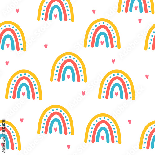 Cute pastel rainbow repeat pattern with hearts and soft shapes