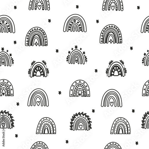 Black outline boho rainbow pattern with celestial accents