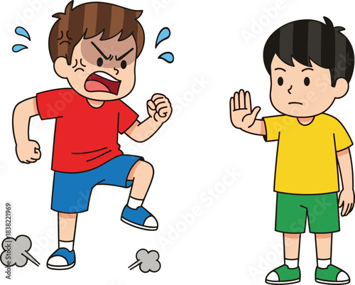 Angry boy shouting and stomping while another boy raises hand to stop conflict, bullying prevention illustration showing emotional control and behavior